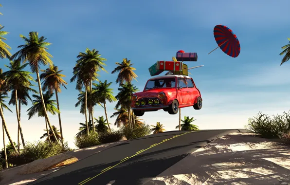 Road, machine, auto, the sky, the sun, palm trees, speed, vacation