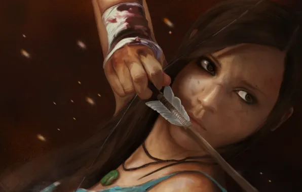 Girl, blood, bow, art, arrow, bandages, wound, Lara Croft