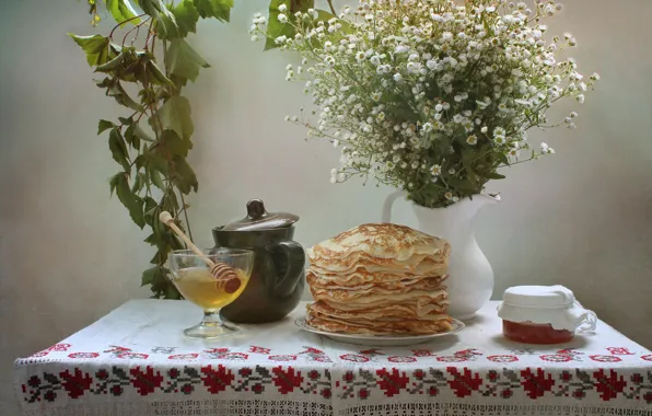 Picture summer, flowers, honey, August, still life, pancakes, vine, honey spas