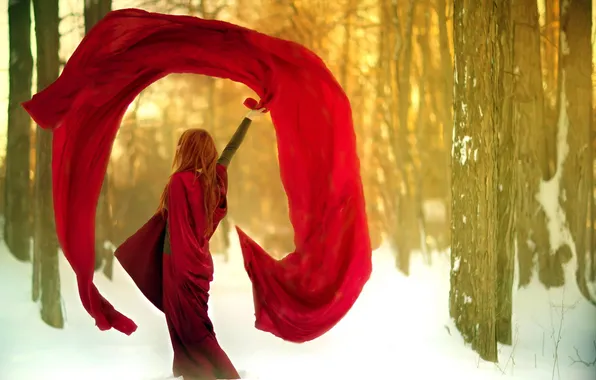 Winter, forest, girl, dress