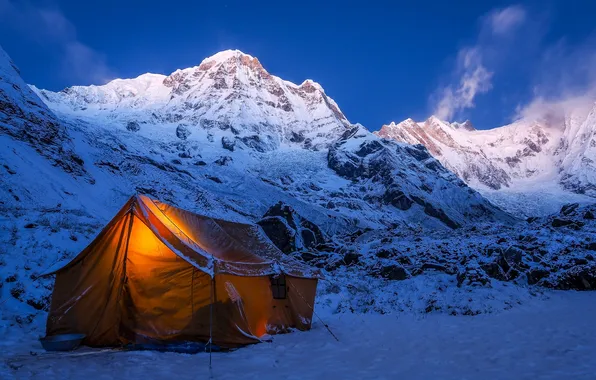 Winter, snow, mountains, nature, tent, expedition