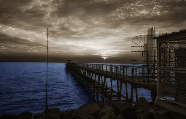 Sea, landscape, night, bridge