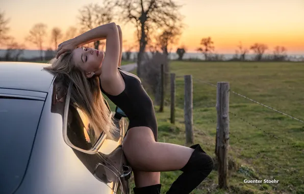Road, field, grass, trees, landscape, sexy, pose, posts