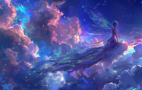 Girl, light, flight, heaven, wings, dress, fairy, fantasy