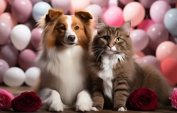 Cat, cat, look, flowers, holiday, together, roses, dog