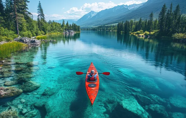 Forest, summer, clouds, mountains, nature, lake, stones, boat