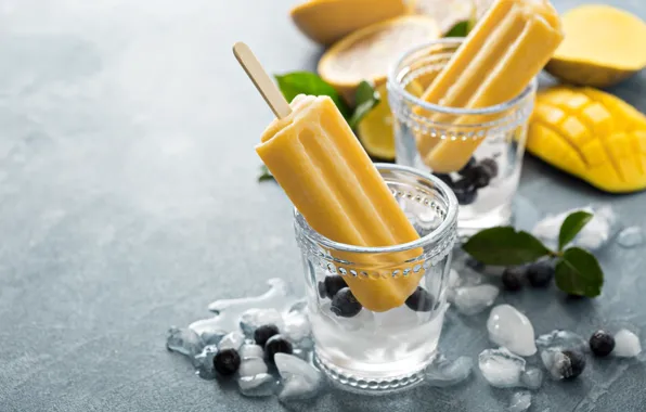 Ice, blueberries, ice cream, mango
