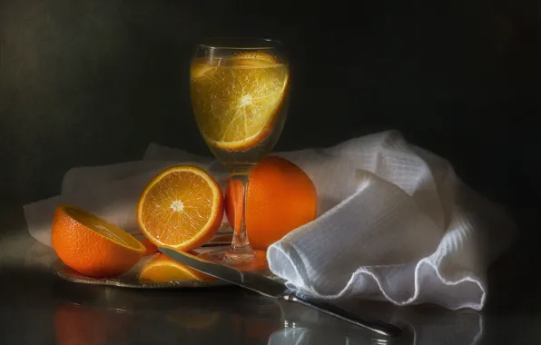 Picture glass, oranges, drink