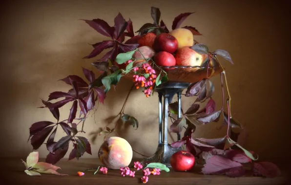Autumn, leaves, apples, still life, peaches