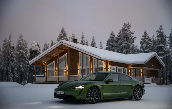 Picture snow, Porsche, green, near the house, 2020, Taycan, Taycan 4S