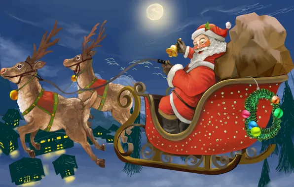 Winter, Night, The moon, Christmas, New year, Santa Claus, Deer, Bell