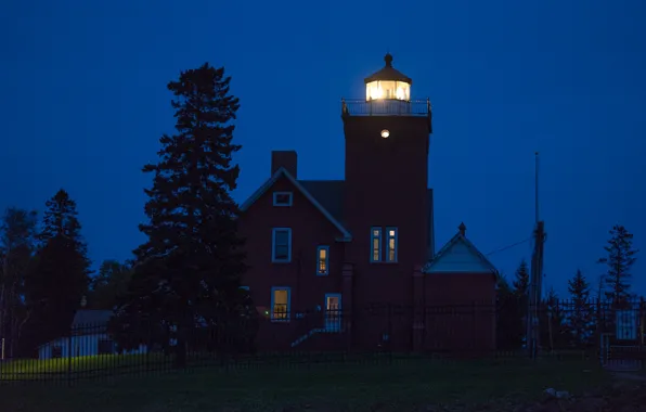 Light, trees, night, the fence, lighthouse, home, silhouette, USA