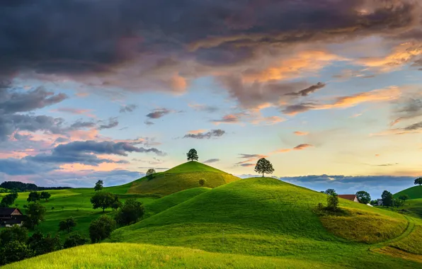 Picture the sky, clouds, trees, hills, Switzerland, Switzerland, Canton of Zug