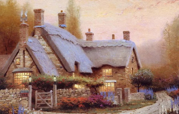 Picture summer, flowers, picture, house, painting, cottage, Thomas kinkade, Kincaid