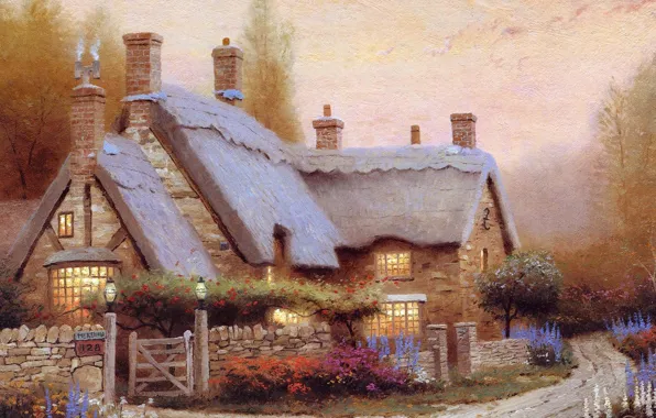 Summer, flowers, picture, house, painting, cottage, Thomas kinkade, Kincaid