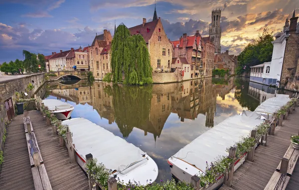 Trees, bridge, home, boats, channel, Belgium, Bruges