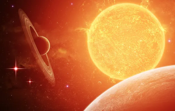 The sun, red, planet