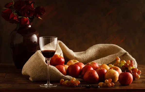 Picture wine, apples, grapes, still life