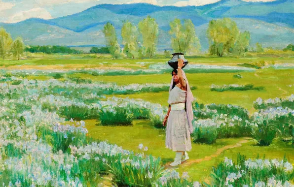 Flowers, pitcher, Taos Pueblo, Bert Geer Phillips, or Daughter of the Water Clan, The Water …