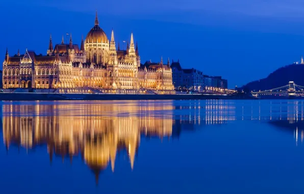 Reflection, Parliament, Hungary, Budapest, The Danube, Chain bridge