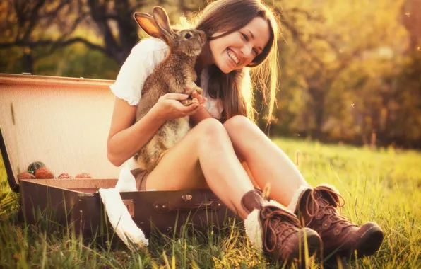 Grass, girl, light, trees, happiness, pose, smile, Park