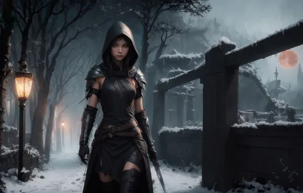 Girl, fantasy, art, fantasy art, hood, dagger, fantasy girl, Stable Diffusion