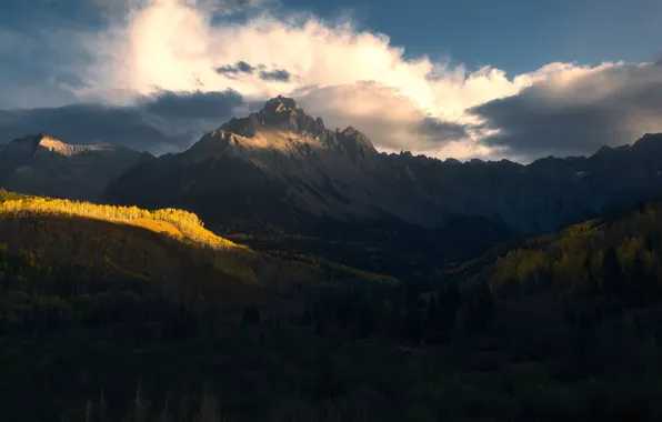 Picture autumn, forest, the sky, clouds, mountains