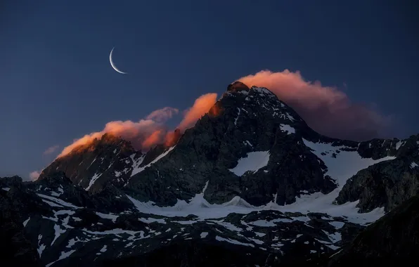 Snow, mountains, night, the moon, a month