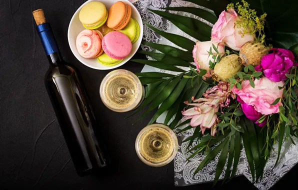 Picture flowers, wine, colorful, glasses, pink, flowers, cakes, sweet