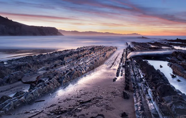 Picture sand, sea, the sky, clouds, mountains, rocks, shore, the evening