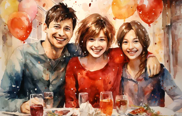 Girls, Smile, Table, Christmas, New year, Guy, Balloons, Joy