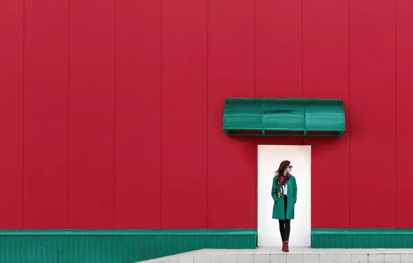 Girl, wall, the door, Red and green