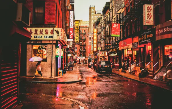 People, street, New York, umbrella, puddles, stores, life, United States