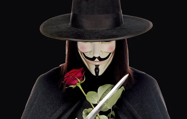Picture weapons, rose, hat, mask, wig, swords, V For Vendetta