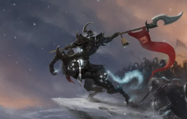 Picture snow, weapons, the game, art, character, League Of Legends, Hecarim, red flag
