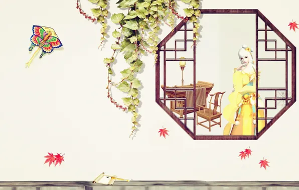 Autumn, girl, window, art