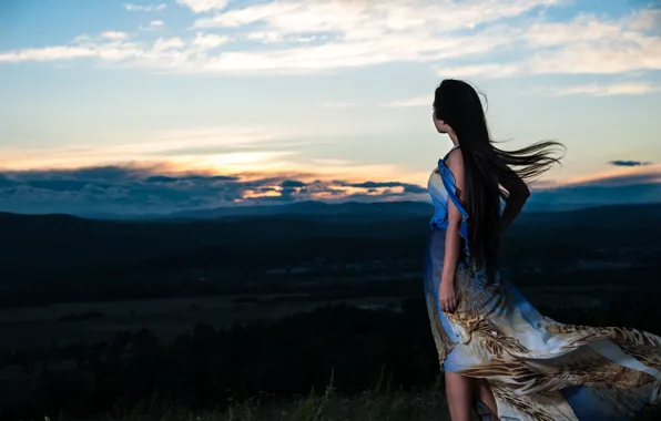 Picture sunset, mountains, the wind, Girl, the evening, mood.