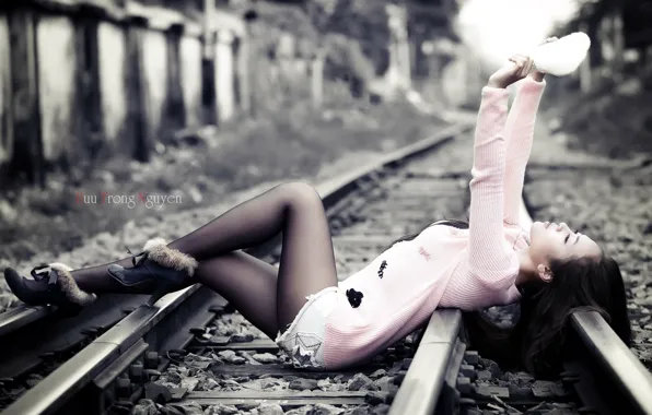 Girl, background, railroad