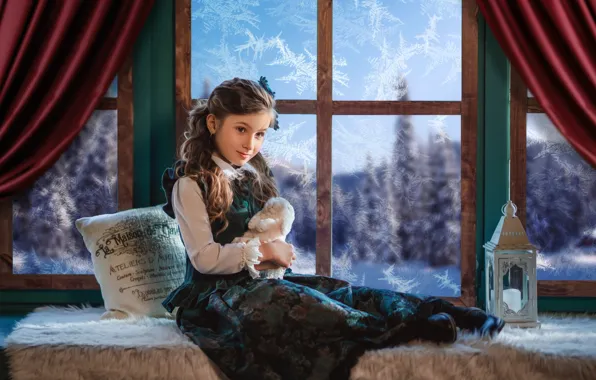 Picture toy, rabbit, window, frost, girl, lantern, pillow, Bunny