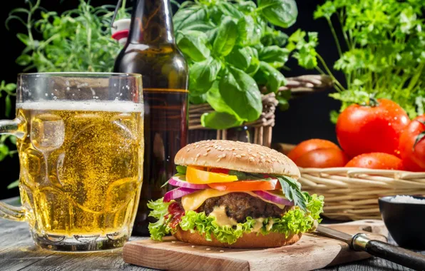 Greens, glass, beer, tomatoes, hamburger