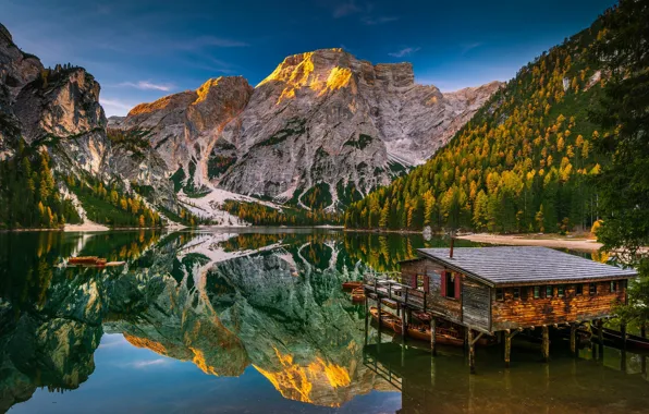 Mountains, lake, Alps, house