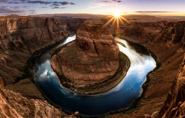 The sky, water, the sun, rays, river, Colorado, Colorado, Horseshoe