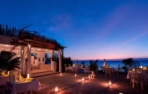 Stars, sunset, lamp, the ocean, the evening, lighting, lights, restaurant