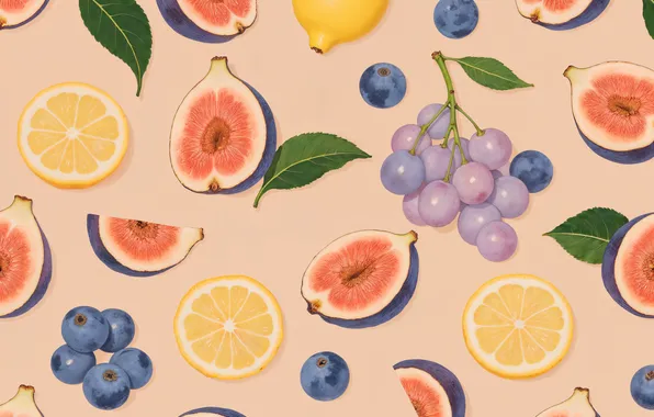Leaves, texture, blueberries, grapes, fruit, pink background, different, lemons