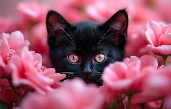 Cat, cat, look, flowers, pose, kitty, black, portrait