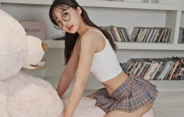 Asian, box, bear, woman, young, model, brunette, look