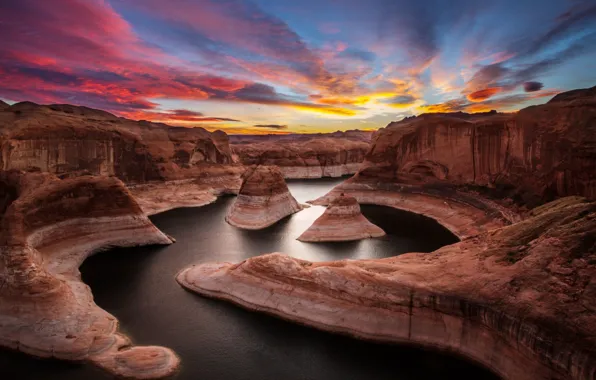 Sunset, river, rocks, canyon