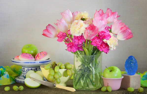 Picture flowers, style, apples, bouquet, grapes, knife, tulips, vase