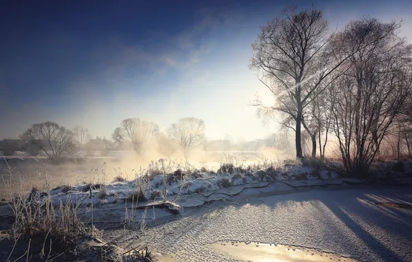 Winter, light, fog, river, morning