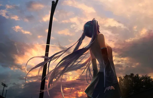 Girl, sunset, hair, Vocaloid, Hatsune Miku